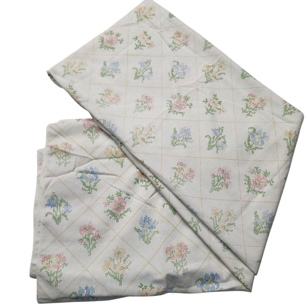 Vintage JC Penney Floral Cross Stitch Double Bed Flat Sheet